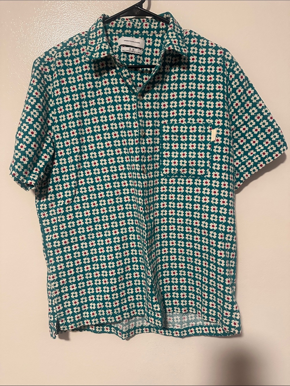 Urban Outfitters Teal Floral-Print Short Sleeve Polo